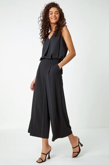 Roman Black Elastic Waist Wide Leg Cropped Culottes