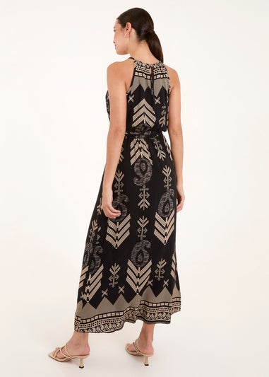 Blue Vanilla Black Abstract Halter Neck Belted Maxi Dress