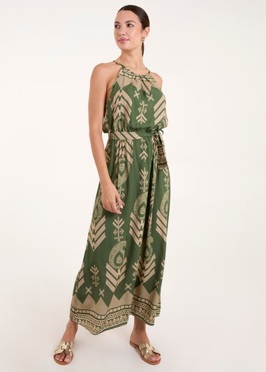 Blue Vanilla Khaki Abstract Halter Neck Belted Maxi Dress