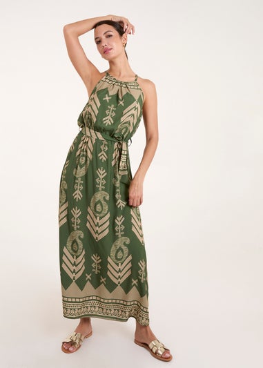 Blue Vanilla Khaki Abstract Halter Neck Belted Maxi Dress