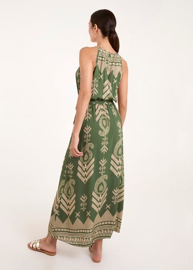 Blue Vanilla Khaki Abstract Halter Neck Belted Maxi Dress