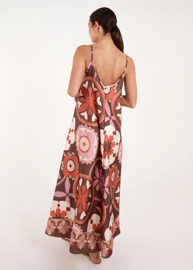 Blue Vanilla Chocolate Abstract Printed Cami V Neck Maxi Dress