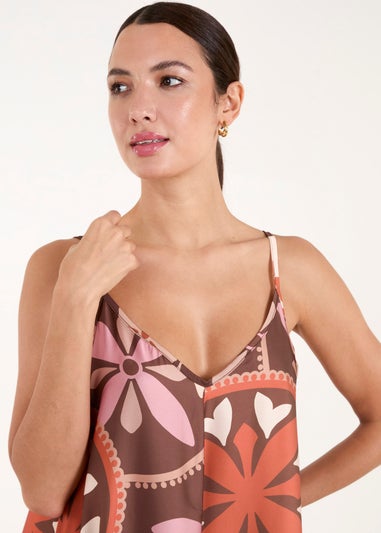 Blue Vanilla Chocolate Abstract Printed Cami V Neck Maxi Dress