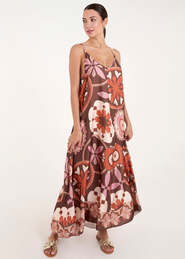 Blue Vanilla Chocolate Abstract Printed Cami V Neck Maxi Dress