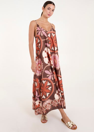 Blue Vanilla Chocolate Abstract Printed Cami V Neck Maxi Dress