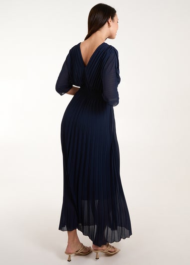 Blue Vanilla Navy Double V Pleated Chiffon Dress