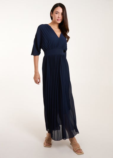 Blue Vanilla Navy Double V Pleated Chiffon Dress