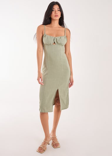 Pink Vanilla Khaki Ruched Linen Style Midi Dress