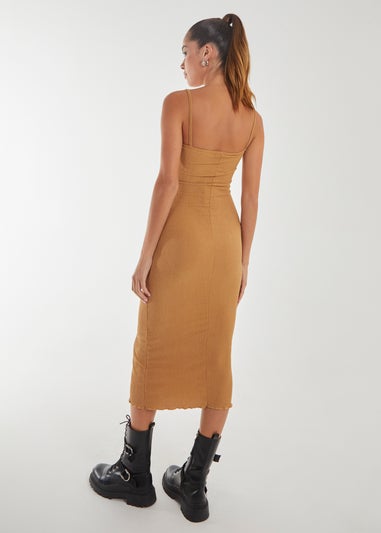 Pink Vanilla Camel Crinkle Tie Midi Dress