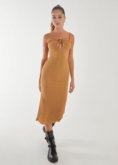 Pink Vanilla Camel Crinkle Tie Midi Dress