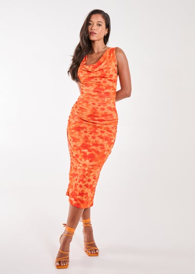 Pink Vanilla Orange Floral Mesh Cowl Maxi Dress