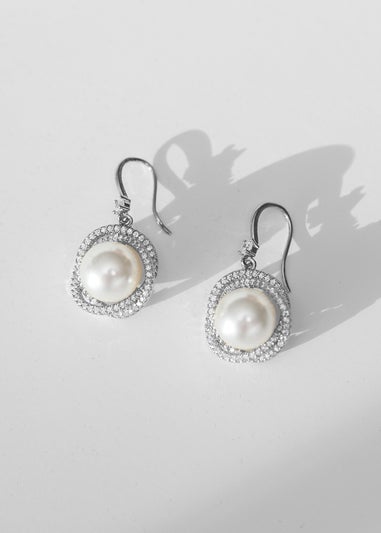 Jon Richard Rhodium Plated Cubic Zirconia Knotted Pearl Centre Fish Hook Drop Earrings