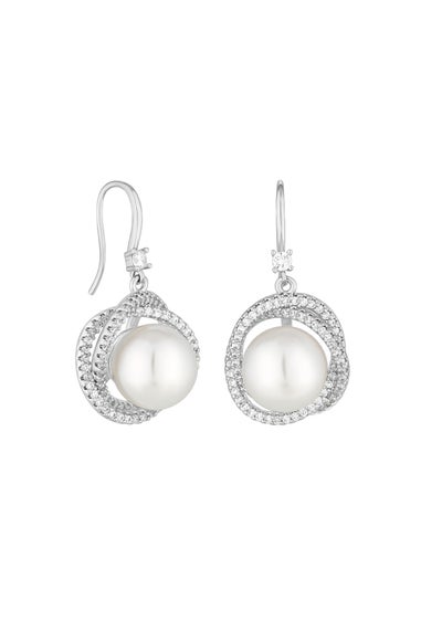 Jon Richard Rhodium Plated Cubic Zirconia Knotted Pearl Centre Fish Hook Drop Earrings