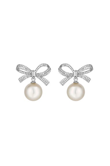 Jon Richard Rhodium Plated Cubic Zirconia Bow and Pearl Earrings