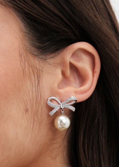 Jon Richard Rhodium Plated Cubic Zirconia Bow and Pearl Earrings