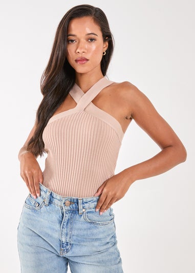 Pink Vanilla Beige Ribbed Sleeveless Halter Neck Top