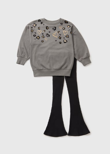 Girls Grey Leopard Heart Sweatshirt & Legging Set (7-15yrs)