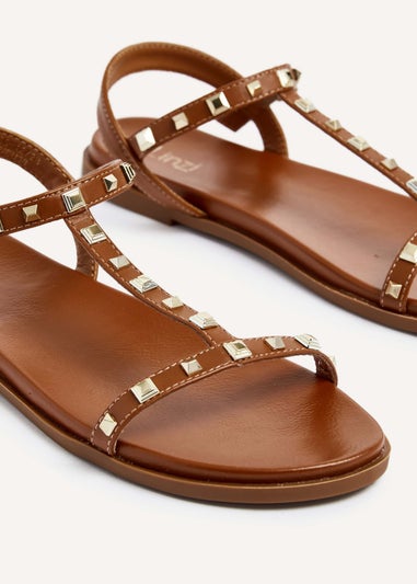 Linzi Bliss Tan Faux Leather T-Bar Footbed Sandal