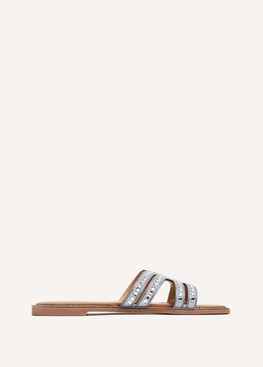 Linzi Alondra Silver Diamante Embellished Flat Slider Sandals