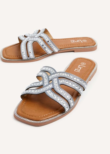 Linzi Alondra Silver Diamante Embellished Flat Slider Sandals