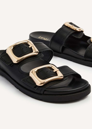 Linzi Denver Black Faux Leather Double Buckle Footbed Slider