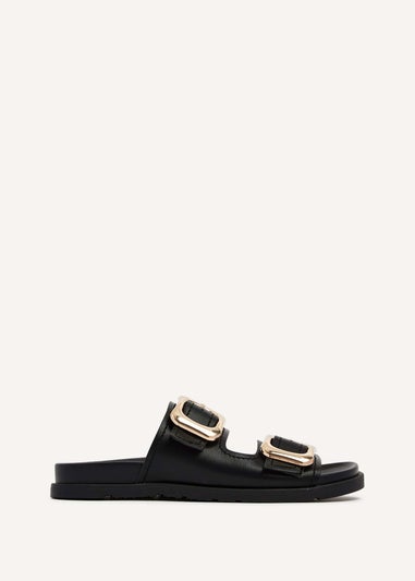 Linzi Denver Black Faux Leather Double Buckle Footbed Slider