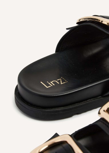 Linzi Denver Black Faux Leather Double Buckle Footbed Slider