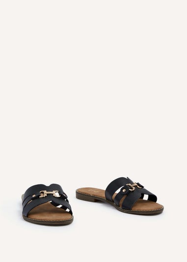 Linzi Florie Black Faux Leather Gold Bar Detail Slider Sandal