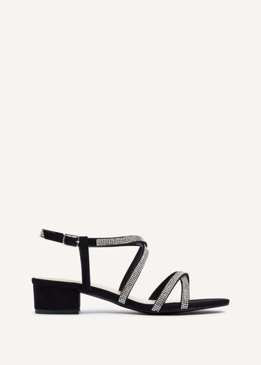 Linzi Glow Black Faux Suede Crossover Diamante Straps Low Block Heeled Sandal