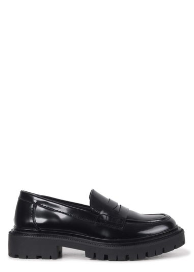 Linzi Ivan Black Faux High Shine Leather Classic Chunky Loafer