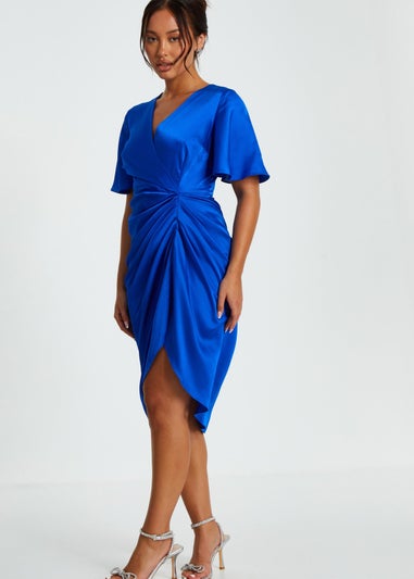 Quiz Blue Petite Satin Ruched Wrap Midi Dress