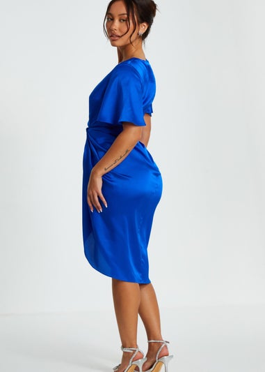 Quiz Blue Petite Satin Ruched Wrap Midi Dress