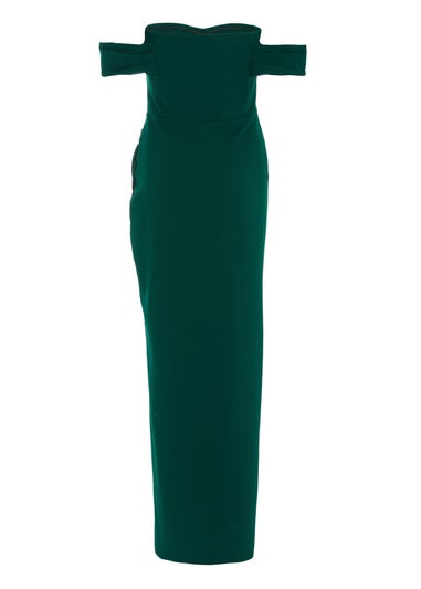 Quiz Green Bardot Ruched Maxi Dress