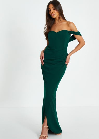 Quiz Green Bardot Ruched Maxi Dress