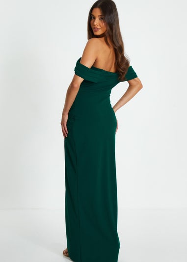 Quiz Green Bardot Ruched Maxi Dress