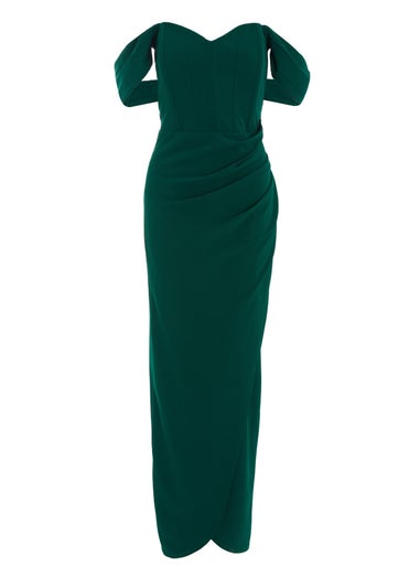 Quiz Green Bardot Ruched Maxi Dress