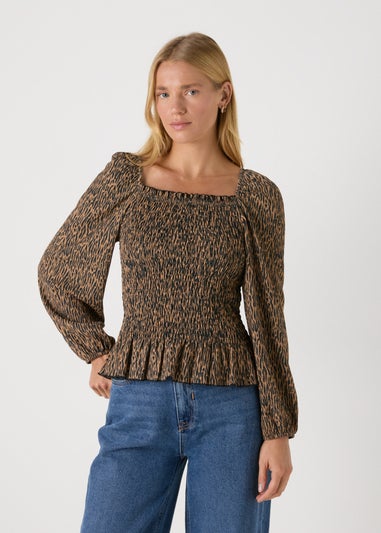 Brown Leopard Shirred Top