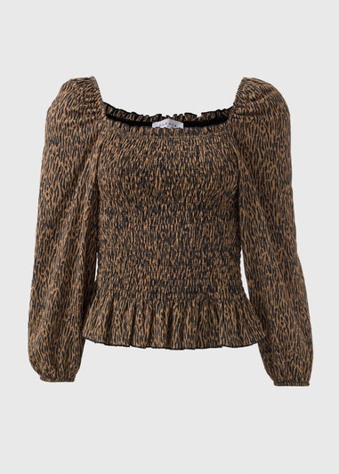 Brown Leopard Shirred Top