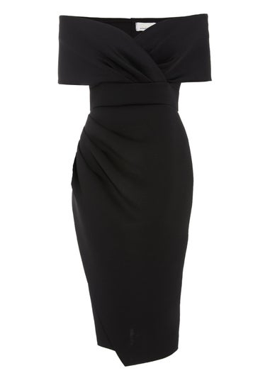 Quiz Black Bardot Ruched Wrap Midi Dress