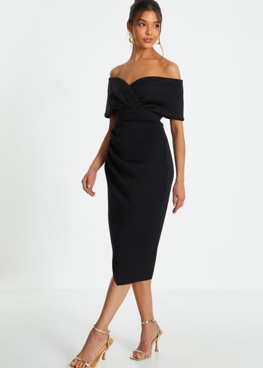 Quiz Black Bardot Ruched Wrap Midi Dress