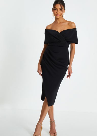 Quiz Black Bardot Ruched Wrap Midi Dress