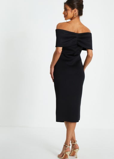 Quiz Black Bardot Ruched Wrap Midi Dress