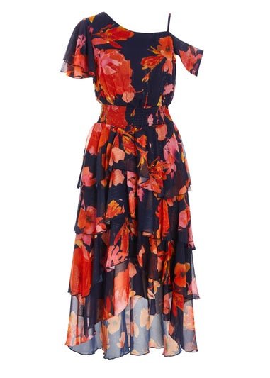 Quiz Navy Floral Drop Shoulder Tiered Midi Dress