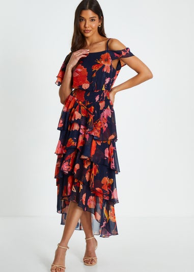 Quiz Navy Floral Drop Shoulder Tiered Midi Dress