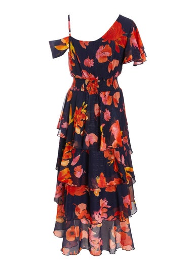 Quiz Navy Floral Drop Shoulder Tiered Midi Dress