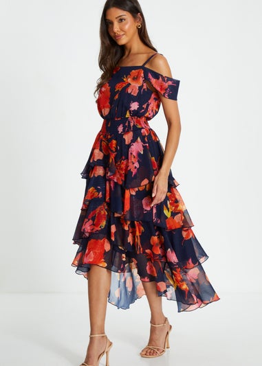 Quiz Navy Floral Drop Shoulder Tiered Midi Dress