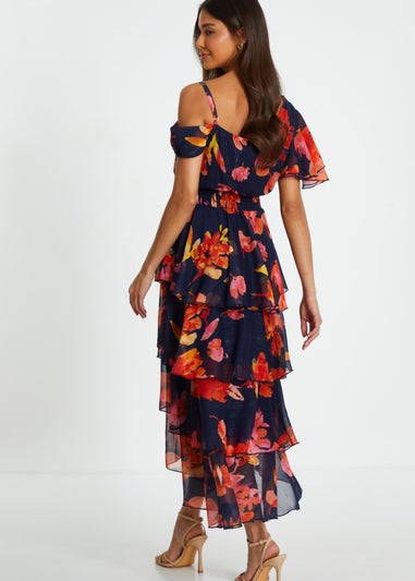 Quiz Navy Floral Drop Shoulder Tiered Midi Dress