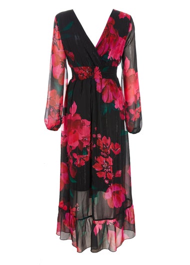 Quiz Black Floral Chiffon Dip Hem Dress