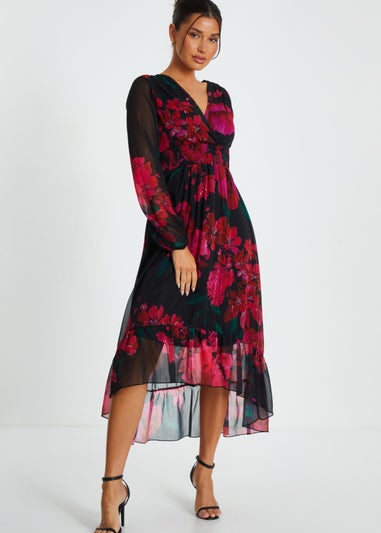 Quiz Black Floral Chiffon Dip Hem Dress