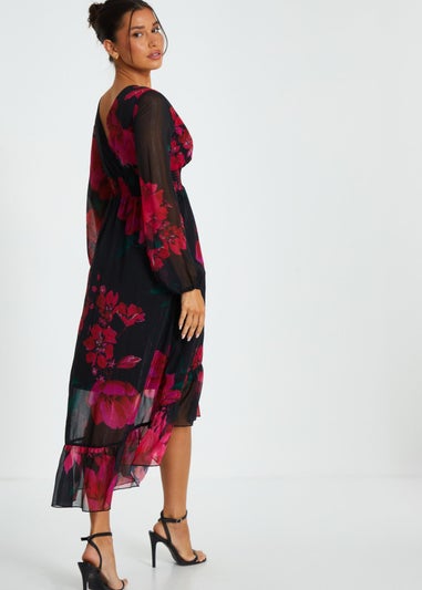 Quiz Black Floral Chiffon Dip Hem Dress